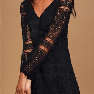 Black lace long sleeve mini shift dress
